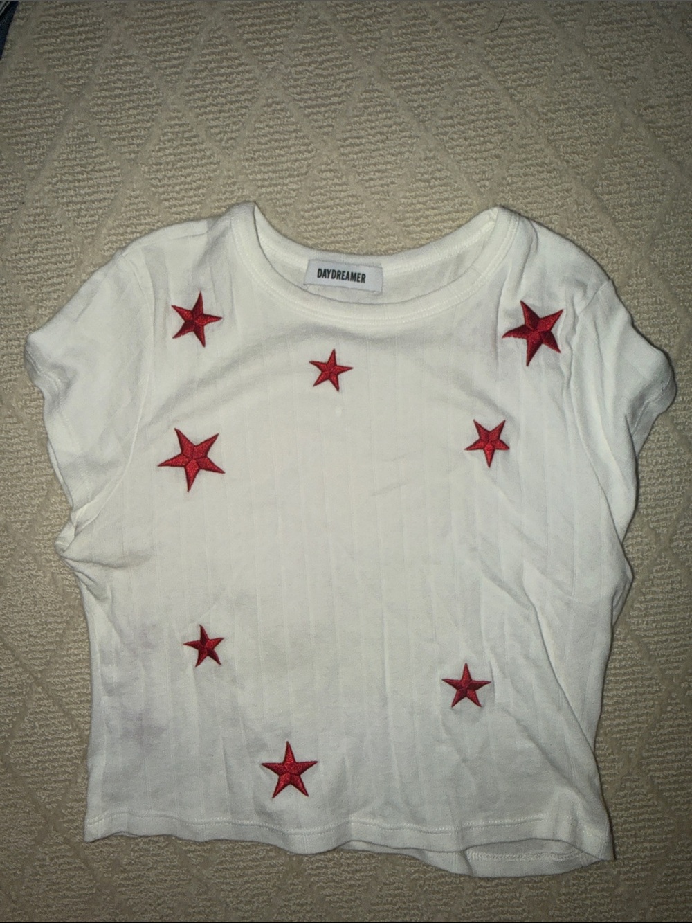 Daydreamer White Ribbed Tee with Red Star Accents